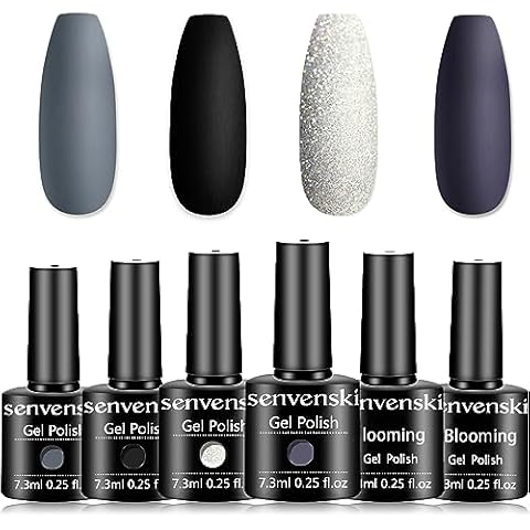 senvenski Blooming Gel Nail Polish, Grey Black Gel Nail Polish White Glitter Dark Purple Charcoal Shimmer Crystal Gift Soak Off Set UV LED Art Varnish Cover