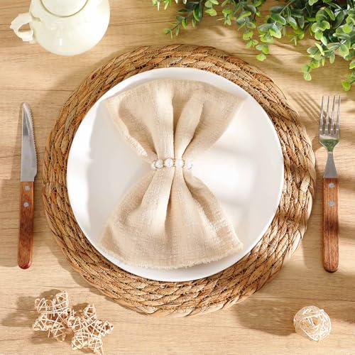 Image of 100 Pcs 12 Inch Cattail Round Woven Placemats Set, Cattail Placemats with Pearl Napkin Rings Boho Farmhouse Rustic Woven Chargers Natural Mat Bulk for Wedding Party, Dinner Table