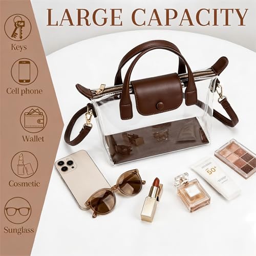 Stadium Approved Clear Bag for Events - Coffee Brown Crossbody Purse with Sturdy Bottom Tray & Double Top Handles, Small Clear Handbag for Concerts Sports Games, Detachable Shoulder Strap. by SUMINGGO - Used condition - Image 6