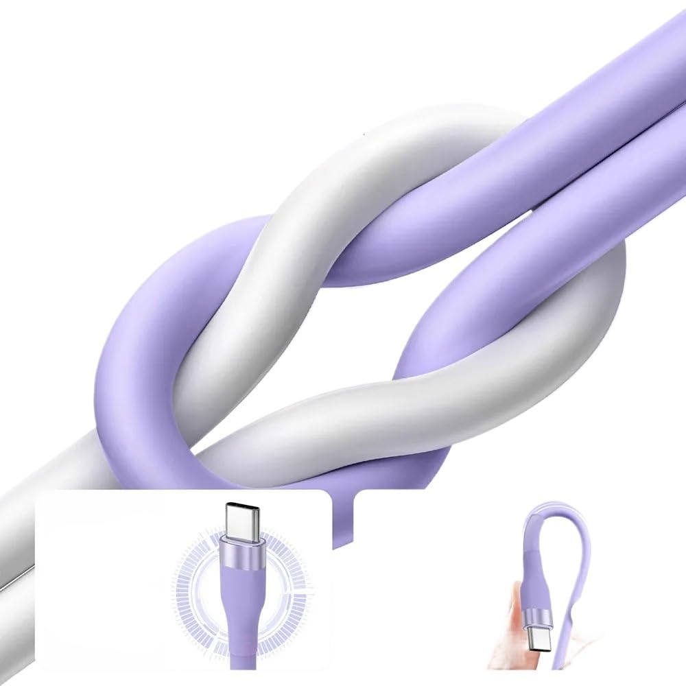 Krótki kabel USB C do USB C, przenośny przewód z płynnego silikonu, kompatybilny z przewodem szybkiego ładowania typu C, fioletowy A-C, 2 m