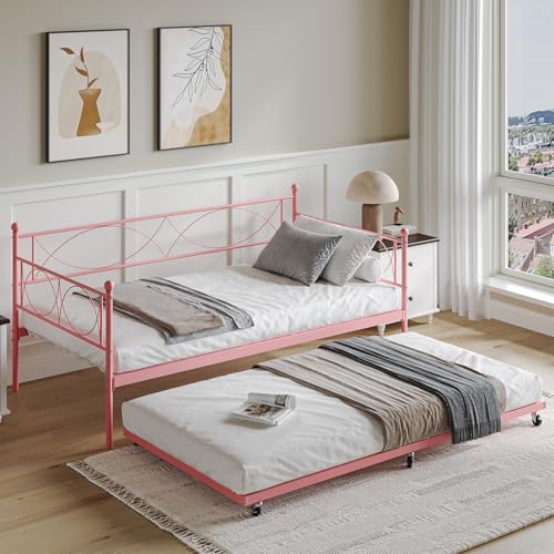 GarveeHome Twin Daybed with Trundle, Day Bed with Trundle Bed Twin, Twin Size Mattress Foundation with Steel Slat Support for Kids Teens Adults Living