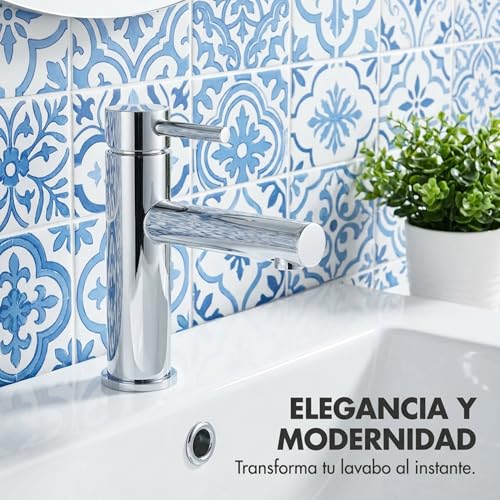 Miniatura 2 de Valaz Grifo De Lavabo Monomando Redondo Cromado Con Caño Recto Mezclador Agua Fría Y Caliente De Latón Serie Palancia