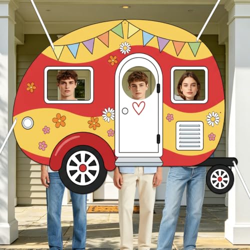 MAYJOYDIY Camping Trailer Photo Door Banner Decoration 78.7x61.0inch Vintage Red RV Party Banner Camper Shaped Photo Booth Hanging Background for Festive Birthday Party Supply