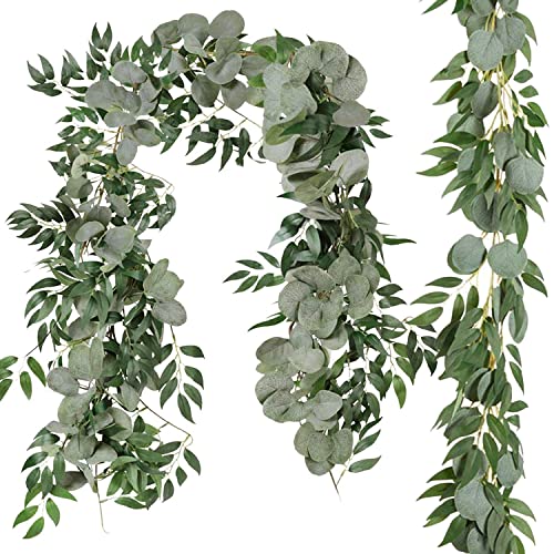 Cekene 2 Pcs 13 Ft Artificial Eucalyptus Garland with Willow Leaves Fake Hanging Greenery Vines Table Runner Garland for Wedding Backdrop Arch Wall Decor (2pcs eucalyptus blend willow)