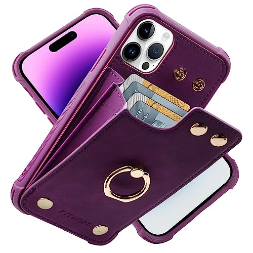 PYTWOPY Wallet Case Compatible for iPhone 14 Pro Max 6.7 inch with Credit Card Holder,Leather Shockproof Protective Phone Cover Supports 360°Rotation Ring Stand and RFID Blocking,Dark Purple