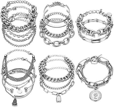 17IF 18 Pcs (6 Pack) Silver Bracelets Set for Women Boho Aesthetic Layered Stackable 14K Bangle Adju...