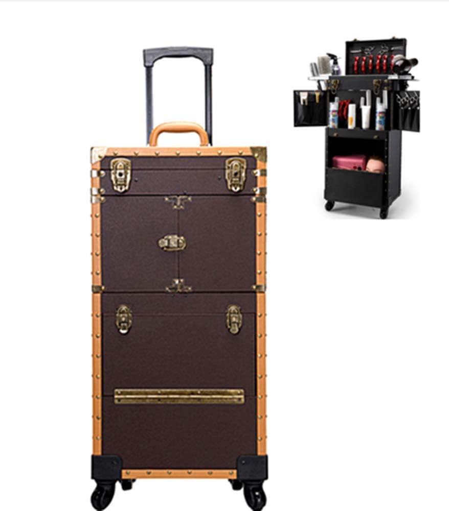 Trolley Cosmetic Case Retro Stylist Brake Wheel Telescopic Handle With Hair Dryer Bracket High Capacity Travel Portable Scissors Kit, 39X25.5X82cm,Black (brown)