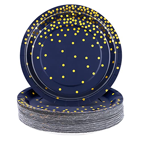 Aneco 60 Pieces 7 Inches Disposable Paper Plates Navy Blue Plate Blue and Gold Foil Dot Dessert Plate Round Paper Plates for Wedding Bridal Shower Birthday Party Decorations