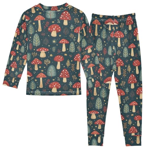 ALAZA Red Mushroom Leaf Blue Green Pajamas Long Sleeve Sleepwear 2-Piece Pajama Set2