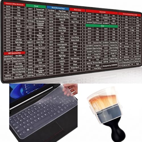 Image of 3-in-1 Computer Accessories Combo | XXL Extended Mouse Pad with Shortcut Keys + Transparent Silicone Keyboard Protector + Keyboard Cleaning Brush | Work from Home Essentials (Black)