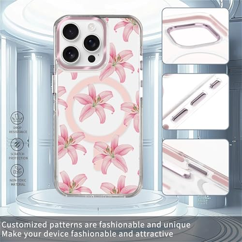 Coque pour iPhone 15 Pro compatible MagSafe transparente antichoc fleur rose - 3