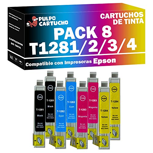 Pulpo Cartucho - Pack de 8 Cartuchos de Tinta T1281/2/3/4 Compatibles para impresoras Epson Stylus Office BX305W/S22/SX125/SX130/SX230/SX235/SX235W/SX420W/SX425W/SX430W/SX435W/SX438W/SX440W/SX445W Cover