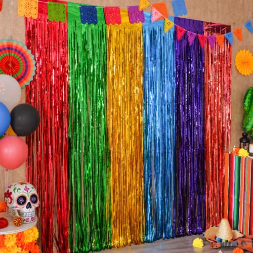 Mega-L Fiesta Taco Foil Fringe Curtains, Mexican Party Backdrop, 4 Pack