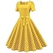 Women 50s 60s Vintage Polka Dot Square Neck Cocktail Swing Dress Short Puff Sleeve 1950s Audrey Hepburn Retro Rockabilly Prom Dress Tie Waist Pleated Wedding Formal Tea Party Gown with Belt Yellow 2XL