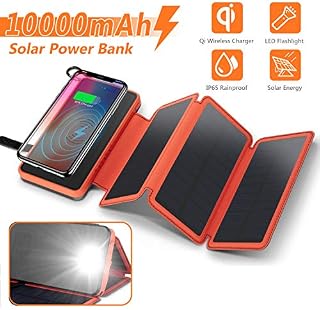 Solar Charger Wireless Power Bank,Waterproof Portable External Battery Pack 10000mAh with 3 Foldable