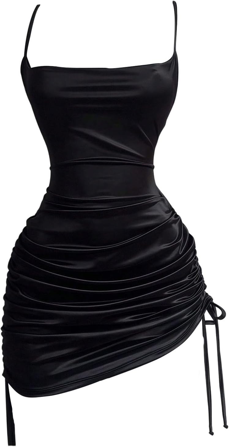 Women's Strappy Backless Bodycon Dresses Drawstring Ruched Night Out Mini Cami Dress
