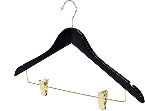 Miniatura 7 de Perchas de madera negra de calidad para faldas con clips, paquete de 20 perchas lisas de madera maciza para pantalones con clips de metal ajustables