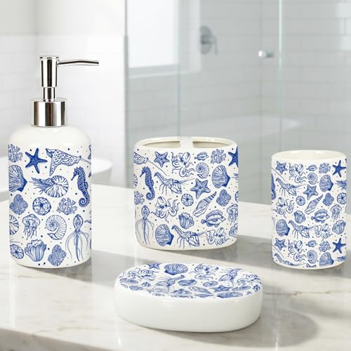 JarThenaAMCS 4Pcs Blue Ocean Bathroom Accessories Seashell Starfish Coral Ceramic