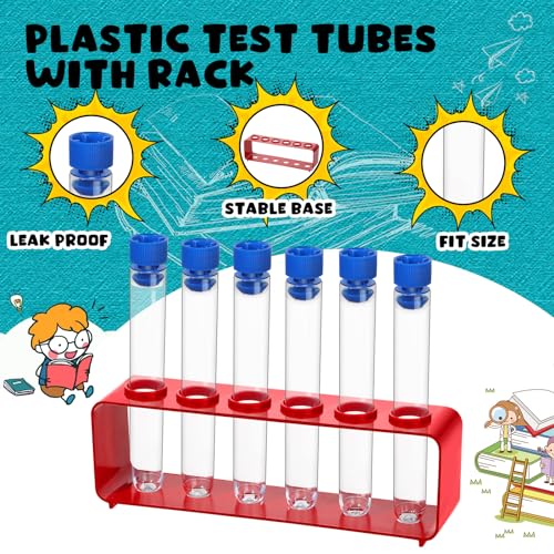 Copkim 2 Sets 15 x 100mm Test Tubes with Rack Clear Plastic Test Tubes with Caps and 6 Holes Holder Rack Nurse Party Decorations Shot Tubes for Scientific Experiments Halloween Party Favors Candy - Thumbnail 2