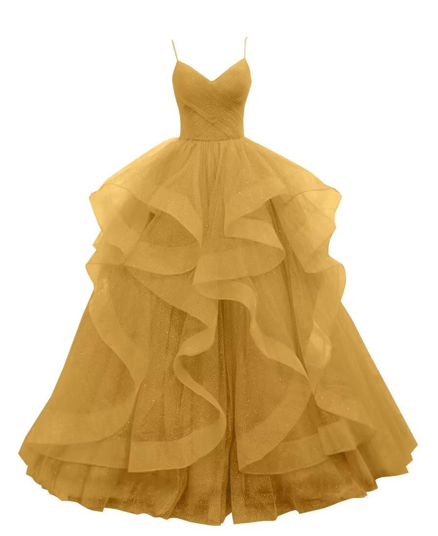 BRIGOW Women's Spaghetti Strap Tiered Ball Gown Long for Party Dress Ruffle Glitter Tulle Prom Dresses BY033 Gold UK12
