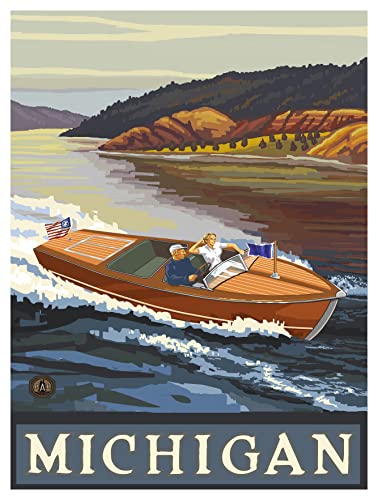 Michigan Woodie Boat Lake Giclee Art Print Poster from Travel Artwork by Artist Paul A. Lanquist 9" x 12"