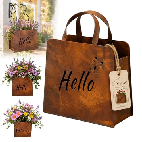 Frewac Rustic Metal Handbag Planter Decor Vintage Iron Hello Welcome Flower Box Outdoor Garden Porch Patio Lawn Walkway Fence Farmhouse Brown Hanging Mini Sculpture Housewarming Gift(1Pc)