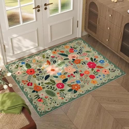 OUZUIU Bieżnik, chodnik kuchenny, antypoślizgowy zmywalny chodnik, z gumowym spodem, miękki dywan kwiatowy (zielony) 60 x 120 cm