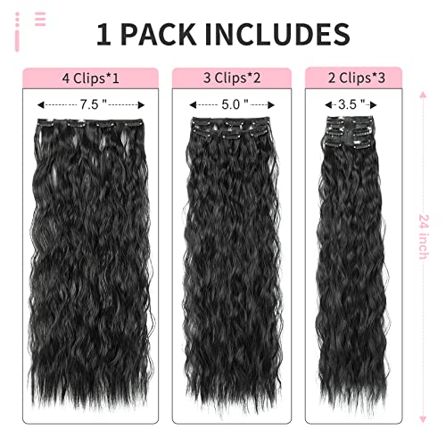 Flufymooz Clip In Hair Extensions,6Pcs Hair Extensions Long Mermaid Waves Wavy Synthetic Clip On Hairpiece For Women 24 Inch (Natural Black) #TOP2