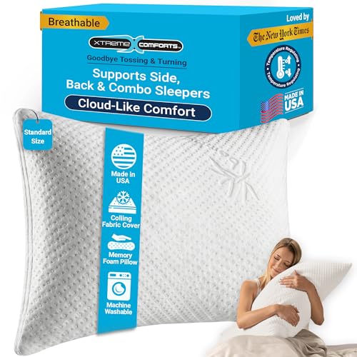 Xtreme Comforts Memory Foam Pillows Made in The USA - Standard Size, Slim Cooling Pillow for Sleeping on Side, Back & Stomach - Firm and Soft Bed Pillows