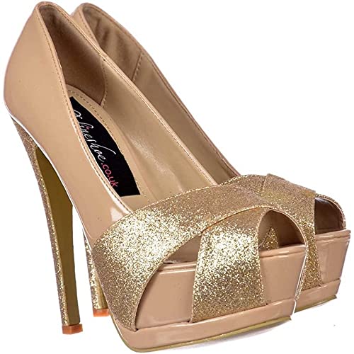 Dames des femmes scintillante nude or glitter peep toe stiletto pour mariage et cérémonie chic
