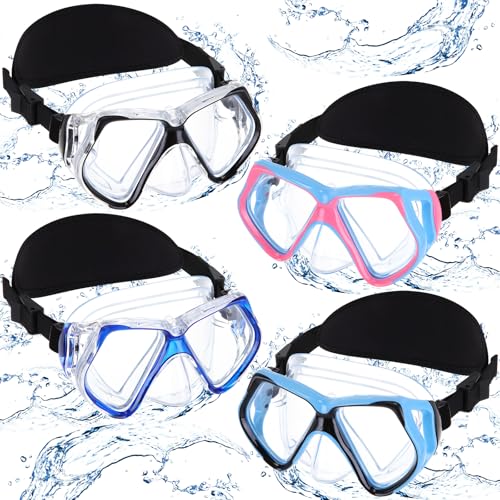 Flutesan 4 Pcs Adult Swimming Goggles with Nose Cover Elastic Fabric Strap Diving Snorkel Goggles Tempered Glass Diving Mask with Hair Protector Wrap(Summer Color)
