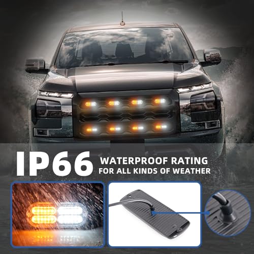 PKINGLAKE 8pcs Sync Feature Emergency Strobe Grille Lights LED Ultra Slim Surface Mount Flashing Hazard Warning Light Bar with Controller for Firefighter/Construction/Trucks/Vehicles/Car (Amber/White) - Thumbnail 4