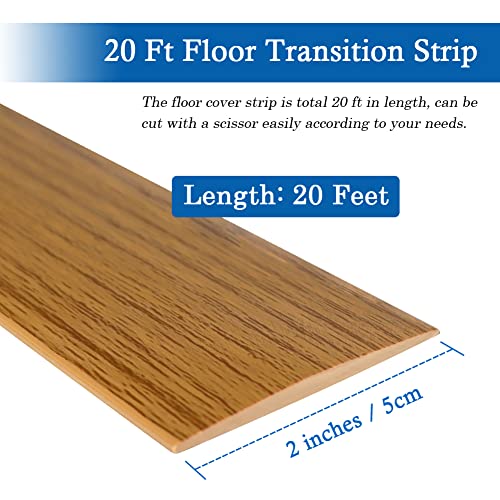 Floor Transition Strip Self Adhesive Floor Cover Strips Laminate 2\" Wide Vinyl Flat Divider Transitions Elegant Wood Grain Design (5cm, 20Ft, Light Brown)