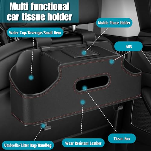 Car Tissue Holder with Cup Holder, Premium Pu Leather Car Tissue Holder Back Seat Organizer, Headrest Seat Back Storage Tissue Box with Two Hanging Trash Bag Hooks by PARPIQ - Image 4