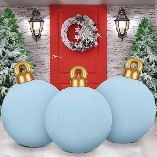 Jetec 3 Pcs 32 Inch Giant Velvet Christmas Inflatable Balls Ornament Flocked Xmas PVC Inflatable Flocked Ball Ornaments for Christmas Holiday Outdoor Blow up Yard Decor(Gray Blue)
