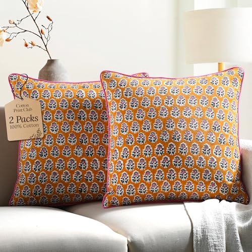 CPC 100% Cotton Throw Pillow Covers 24x24 Inch, Set of 2 Yellow Block Print Pattern Couch Pillow, Cute Boho Decorative Pillows for Living Room, Bedroom with Hidden Zipper- Yellow Citrine