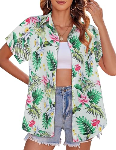 Image of Women Hawaiian Shirt Button Down Summer Tops Beach Short Sleeve Blouse