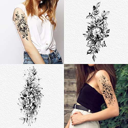 Cerlaza Half Sleeves Temporary Tattoos For Women, Half Arm Sleeve Fake Tattoo Stickers For Body Makeup, Large Black Flower Realistic Temp Tattoos For Girls Adult #TOP5