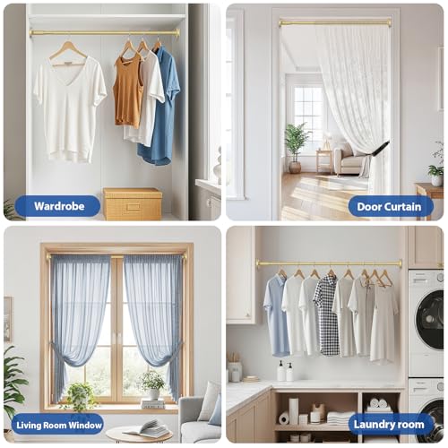Image of Tension Curtain Rod 32-62Inch Gold Shower Rod Tension Rod Adjustable | Curtain Rods no Drilling Tension Rod for Windows,Closets,Doorway