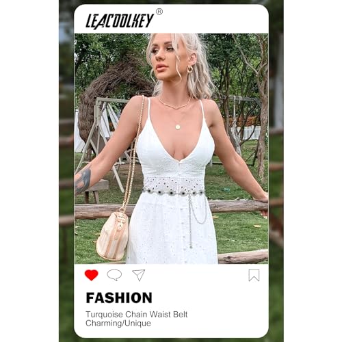 Image of LEACOOLKEY Women Turquoise Concho Chain Waist Belt Silver Western Cowgirl Metal Chain Belt for Dress Adjustable