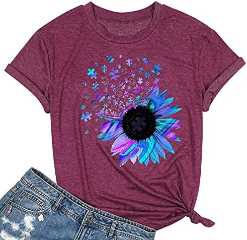 Women's Sunflower Short Sleeve T-Shirt Vintage Sunflower Pattern Print Tee Cute Funny Graphic Tops Teen Girls Casual Cotton Athletic Shirt(Purple, L)