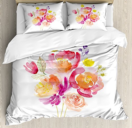 Ambesonne Pastel Duvet Cover Set, Watercolor Bouquet of Roses Romantic Corsage Design Bridal Wedding Flora, Decorative 3 Piece Bedding Set with 2 Pillow Shams, Queen Size, Multicolor
