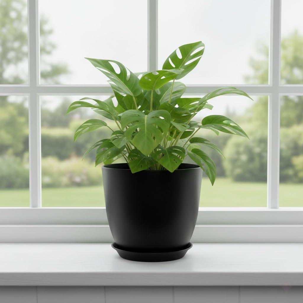 Vanslogreen Plant Pots 8 Inch Set of 6, Flower Pots with Drainage Holes and Saucer, Plastic Garden Planters for Indoor & Outdoor Plants (Black)