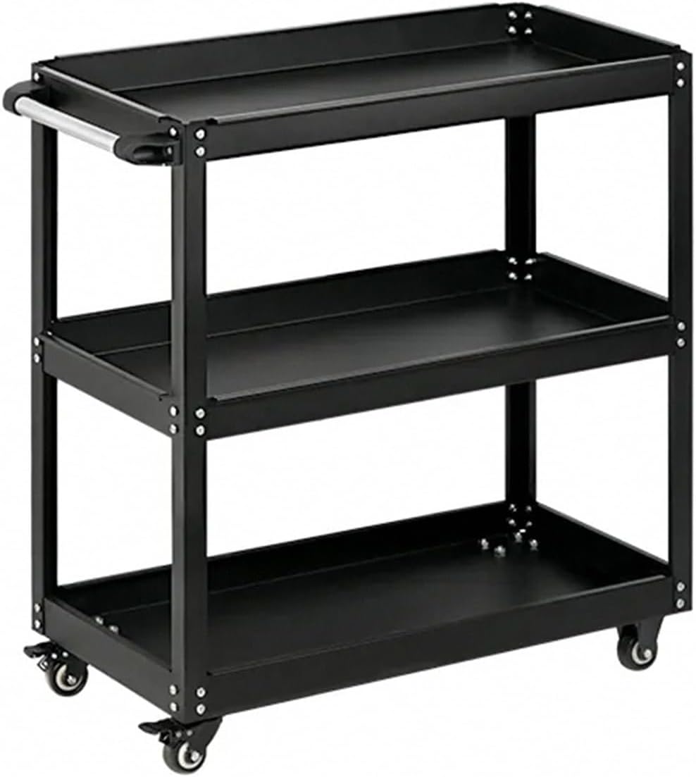 3 Tier Rolling Tool Cart on Wheels,Rolling Metal Service Cart,Heavy Duty Steel Utility Cart with Lockable Silent Wheels,660 LBS Capacity Industrial Service Cart for Garage,Warehouse,Workshop(Black)