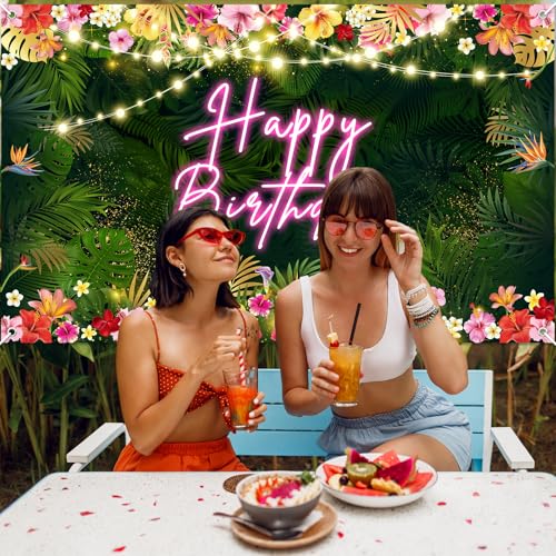 Image of Avezano Hawaiian Tropical Birthday Backdrop Tropical Palm Leaves Birthday Party Background Luau Happy Birthday Party Decorations Aloha Birthday Banner Party Banner (70.8 x 43.3 inches)