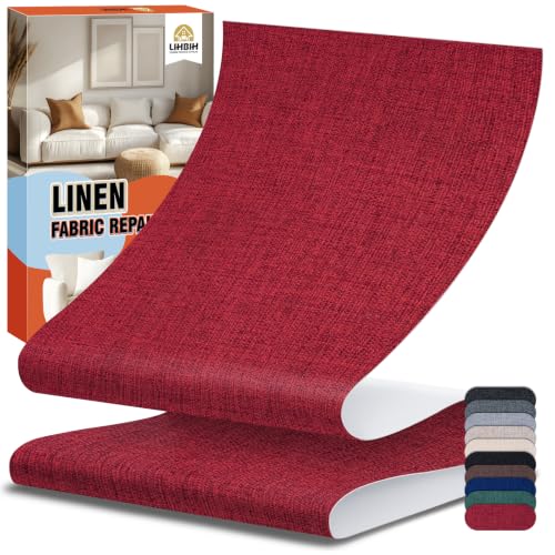 LIHBIH Linen Fabric Repair Tape 4x79 Inch, Self Adhesive Couch Patch Repair Fabric Tape for Furniture, Linen Patch Kit for Couch, Carpet, Upholstery, Chair, Sofa, Pillows, Bag (Coarse, Dark Red)