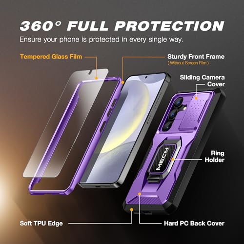 TONGATE for Samsung Galaxy S24 Plus Case, with Tempered Glass Screen Protector, Full Body Protection Military Grade Shockproof S24+ Plus Phone Case with Slide Camera Cover & Ring Kickstand, Purple
