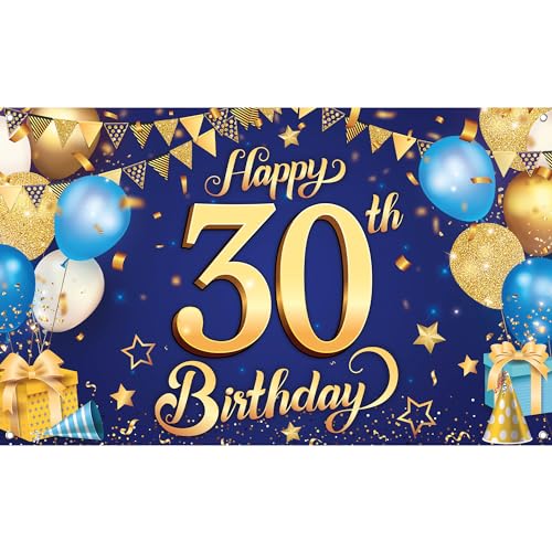 KatchOn Blue and Gold 30th Happy Birthday Banner 72x44 Inch
