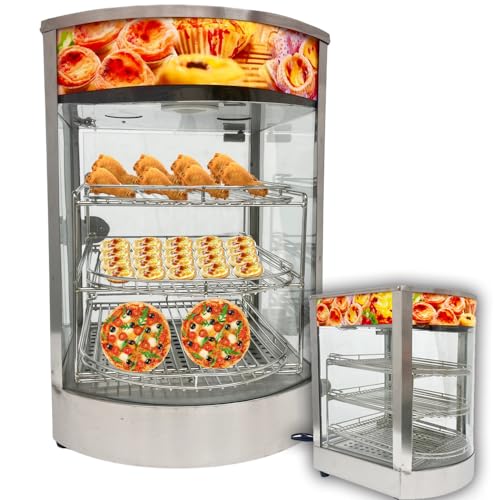 EQCOTWEA Stainless Steel Food Warmer Display Cabinet 3 Tiers Pizza Warmer 30-110°C Ajustable Commercial Heated Bakery Vertical Pastry Egg Tarts Countertop Display Case