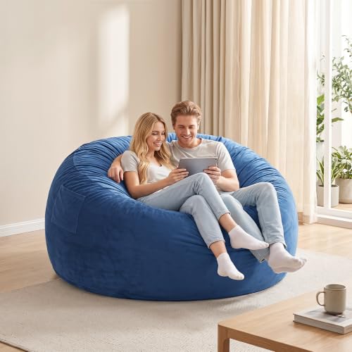 Image of Kromax Bean Bag Chair with Filling Included, Large 4FT Comfy Bean Bag Chairs for Adults, Teens, Memory Foam, Machine Washable Thick Dutch Velvet Cover, for Living Room, Den, or Bedroom, Blue